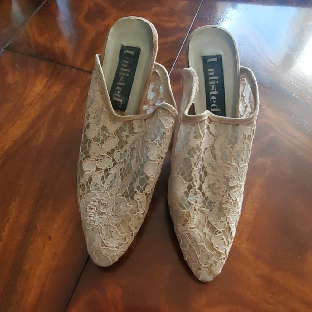 Pair of Lace High Heeled Mules